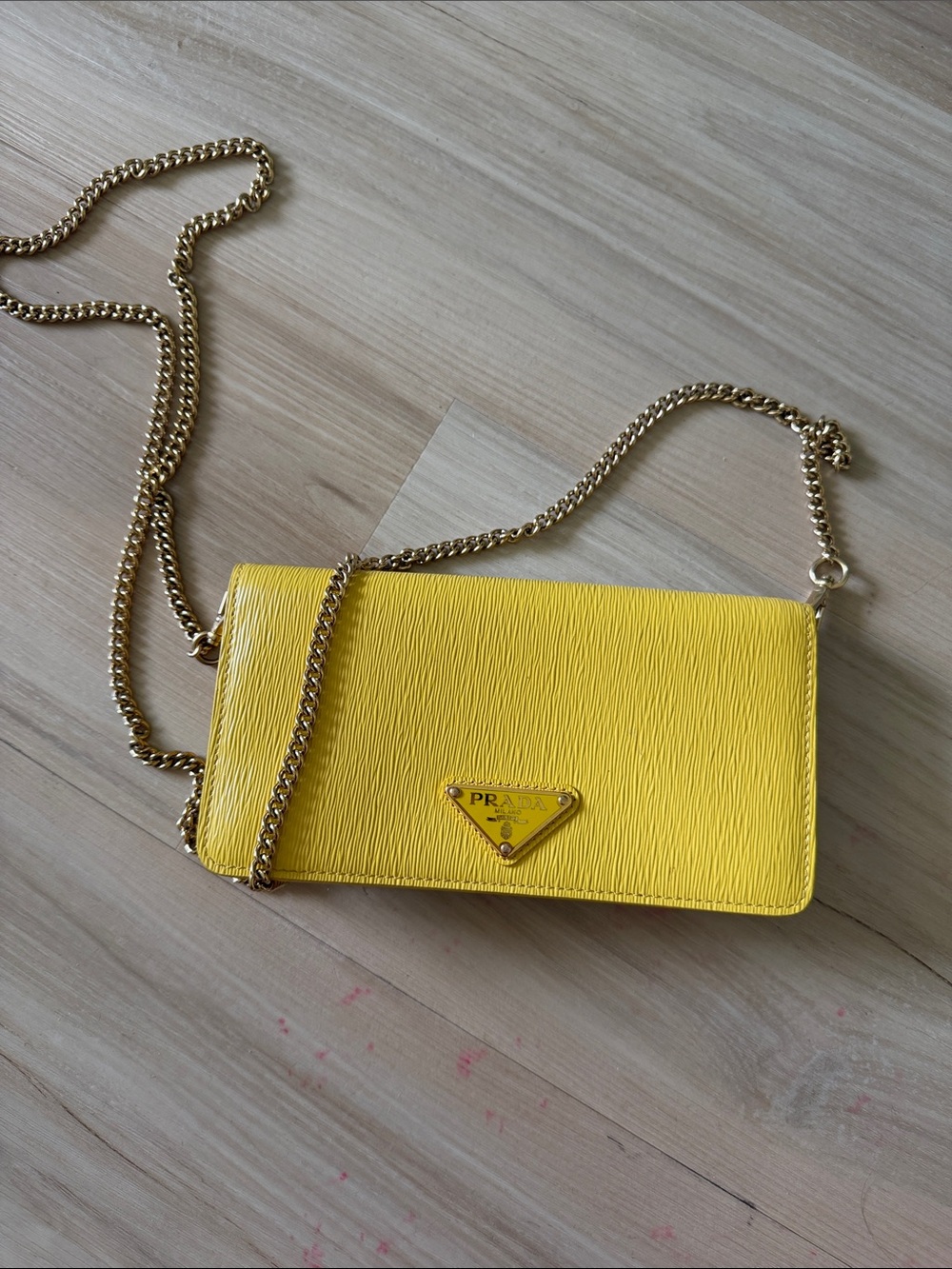 Prada Yellow Saffiano Crossbody with Gold Chain